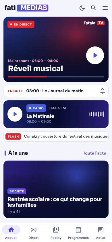 Écran d'accueil de l'application FatiMedias